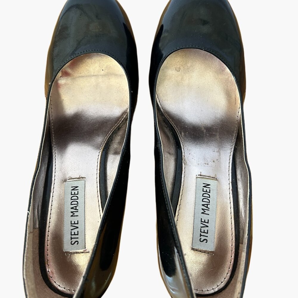 STEVE MADDEN BLACK PATENT LEATHER PLATFORM WEDGE SHOES SIZE 8 1/2